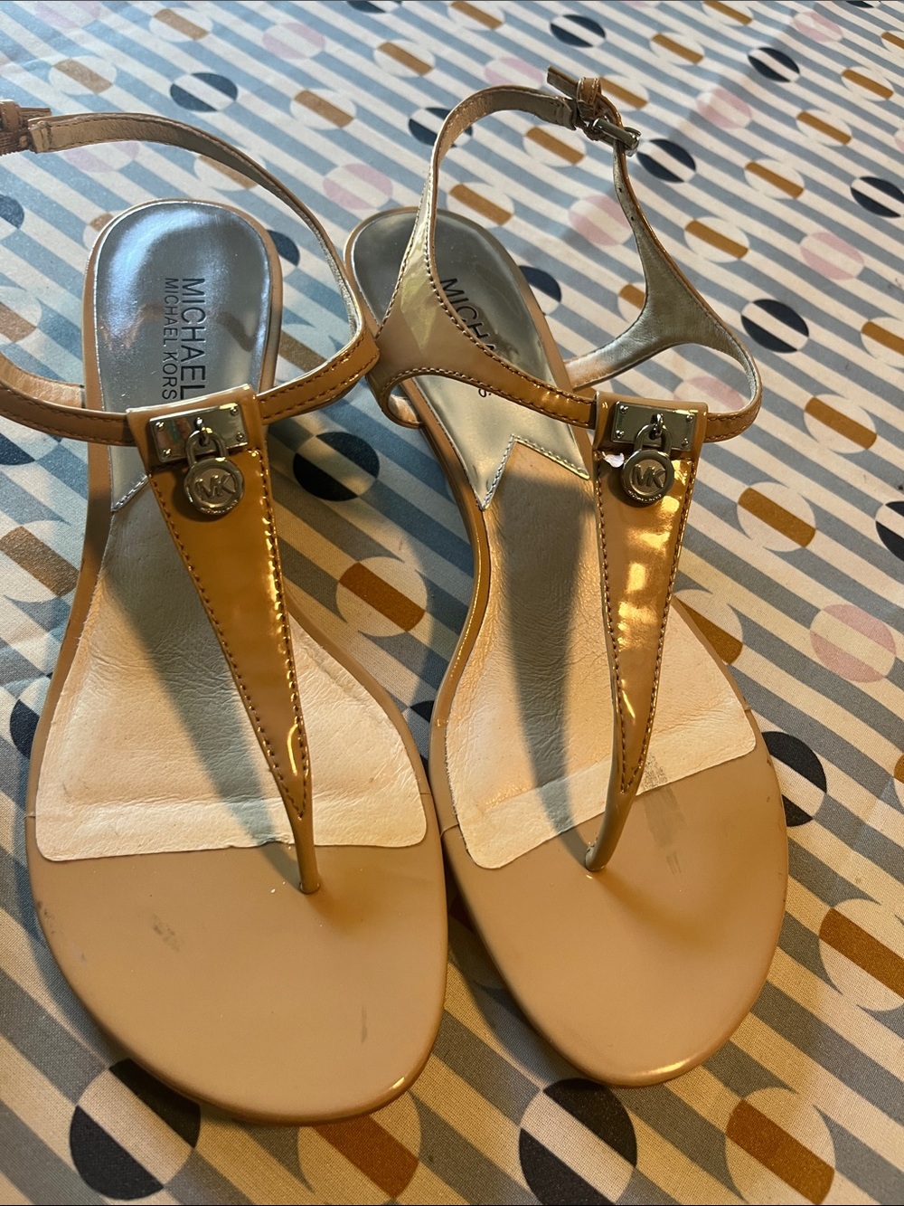 Michael Kors Metallic Gold T-Strap Sandals with Nude Footbed